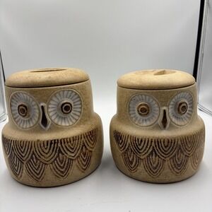Two Vtg Owl Canisters W/ Lids Pottery Craft USA‎ Mid Century Cottagecore Country